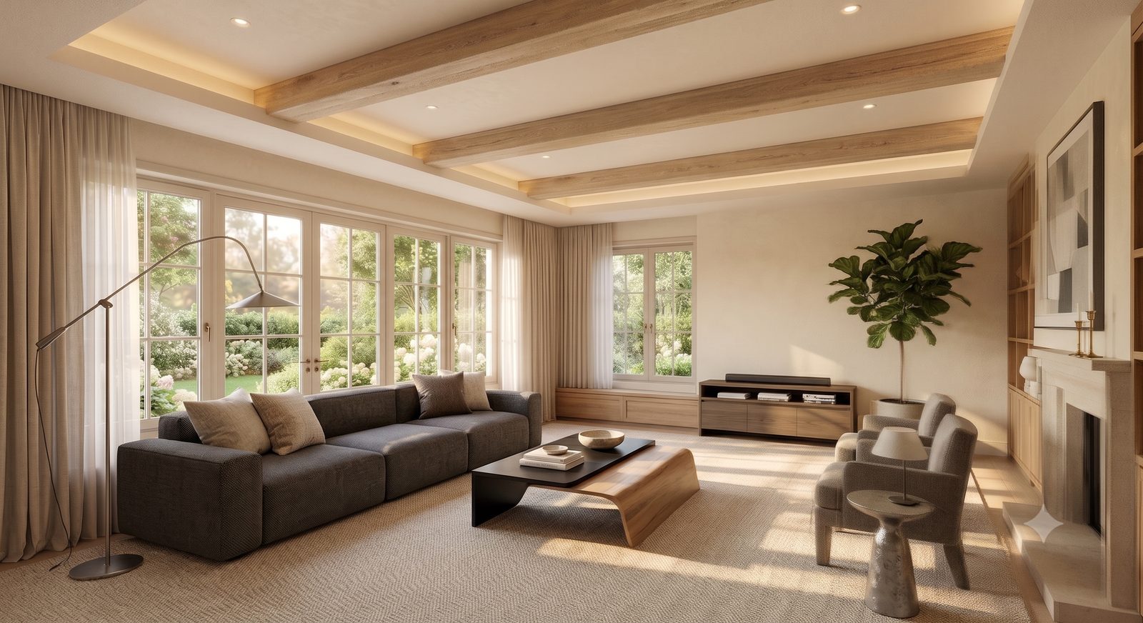 The same living room virtually staged and furnished